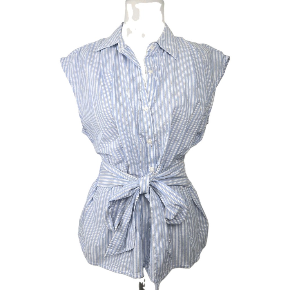 Max Studio Medium Blue Stripe Woven Cotton Faux-Wrap Button Collared Top New $88
